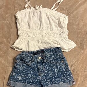 Jordache White Top and Patterned Blue Denim Shorts
